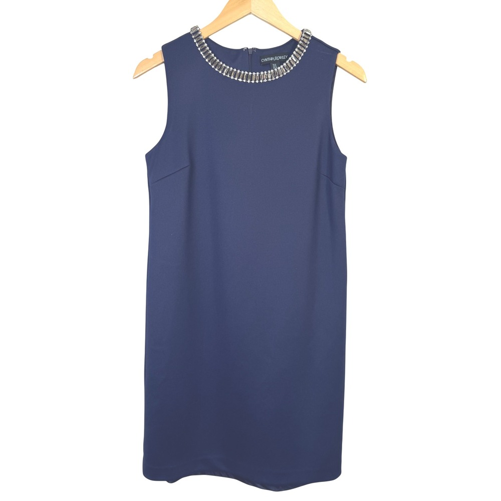 Cynthia Rowley Sheath Dress 6 Navy Blue Embellished Collar Sleeveless‎ High Neck